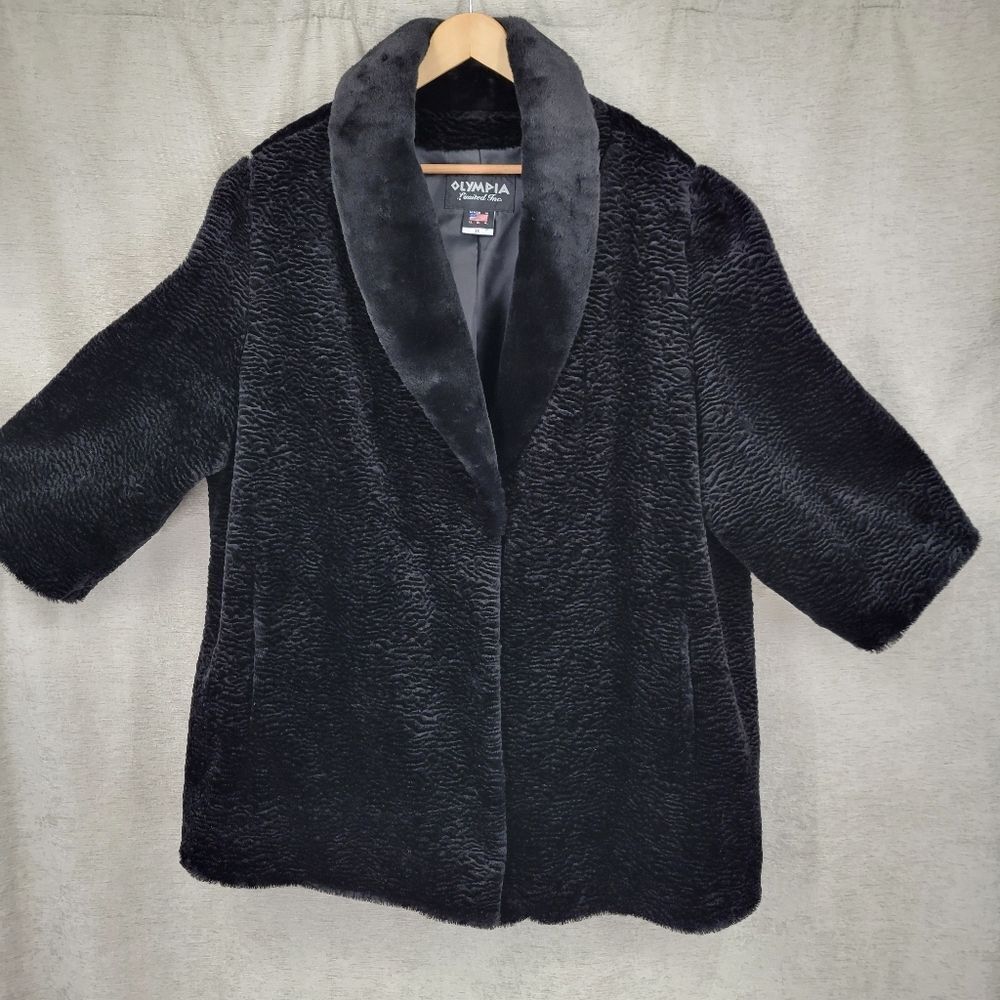 Olympia Coat Black Faux Persian Lamb Faux Fur Collar Pockets Lined Size 3X